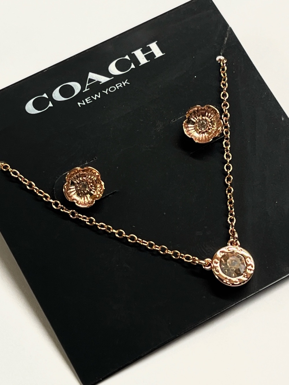 Coach Tea Rose Rosegold Stud Earrings & Bezel Set Necklace Set NWT